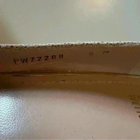 Stuart Weitzman Wedge Heel Dress Flat, Cream Textured Leather with Pearled Heel - Picture 8 of 11